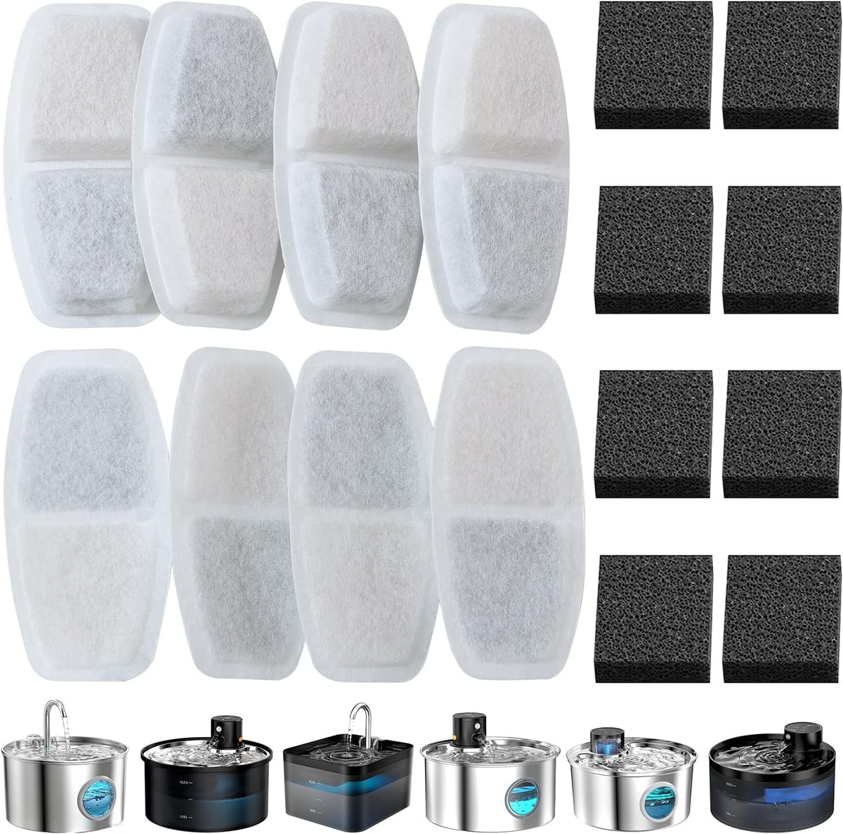 Filtri per Fontanella per Gatti 16 Pezzi – Compatibili Con Fontana per Gatti Da 3,2 L, 2,6 L, 2,5 L E 2,2 L, Tripla Filtrazione, Schiuma Con Carbone Attivo Premium, Filtro Universale